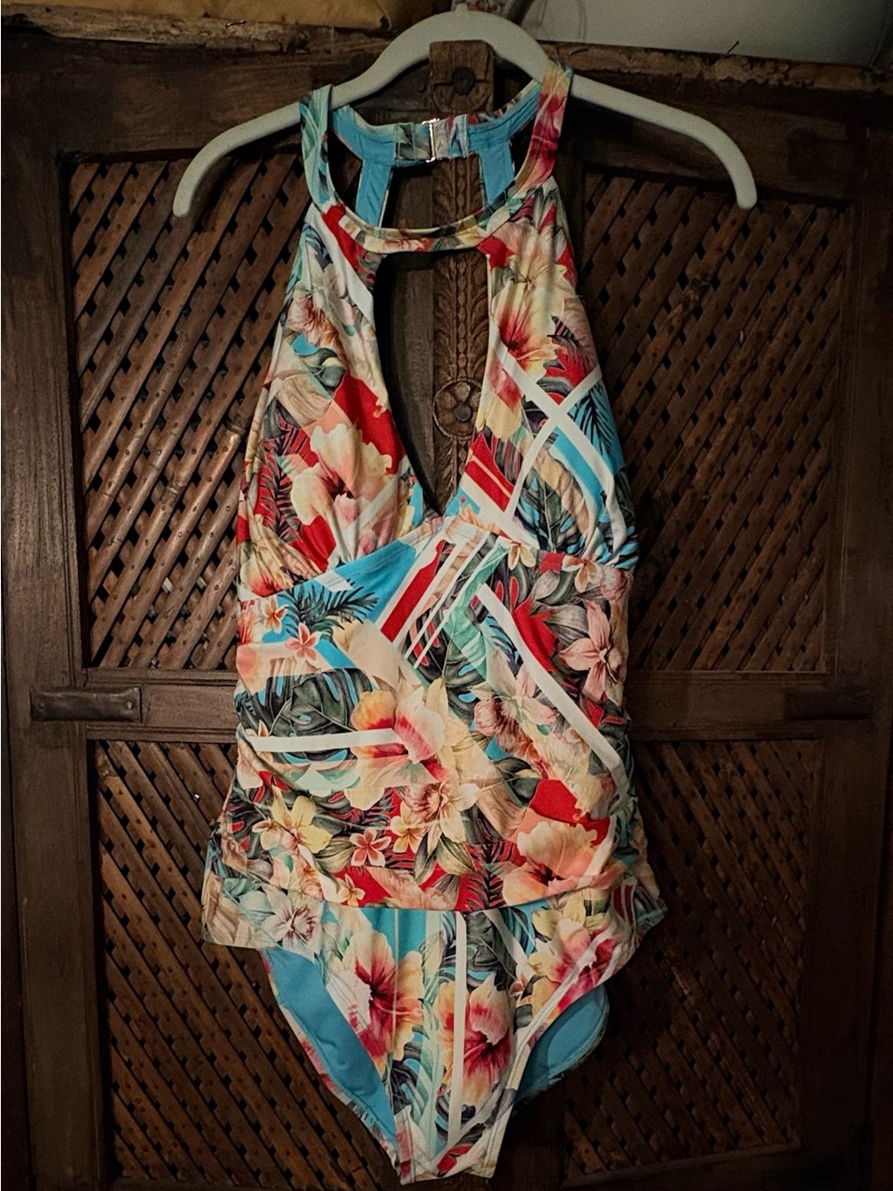 Jantzen Light Blue Halter Swimsuit with Tropical Accent